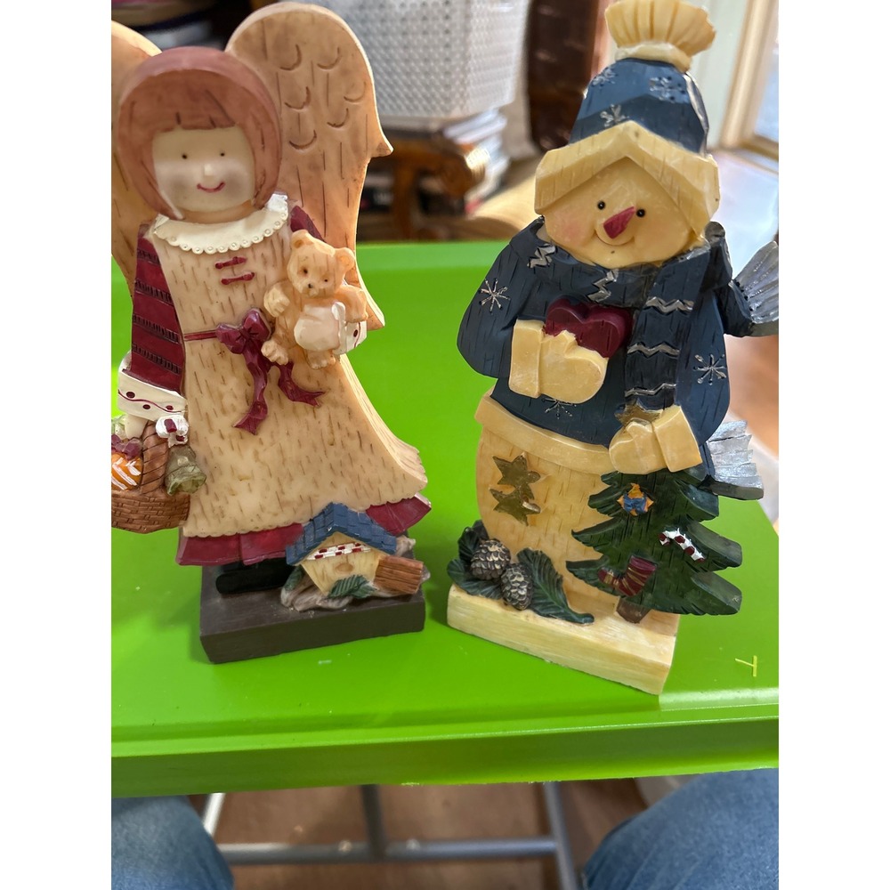 Charming Angel and‎ Snowman Figurines Set Holiday Decor Tabletop Display Resin